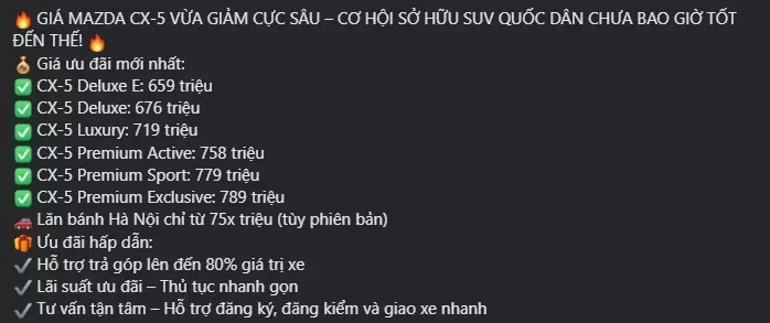 Mazda CX-5 giảm giá sâu tại đại lý, chỉ còn từ 659 triệu đồng